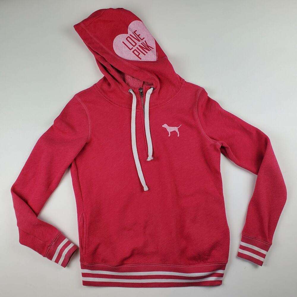 Pink Victoria's Secret 1/4 Zip Hooded Pullover Sweatshirt Track Varsity Heart XS
